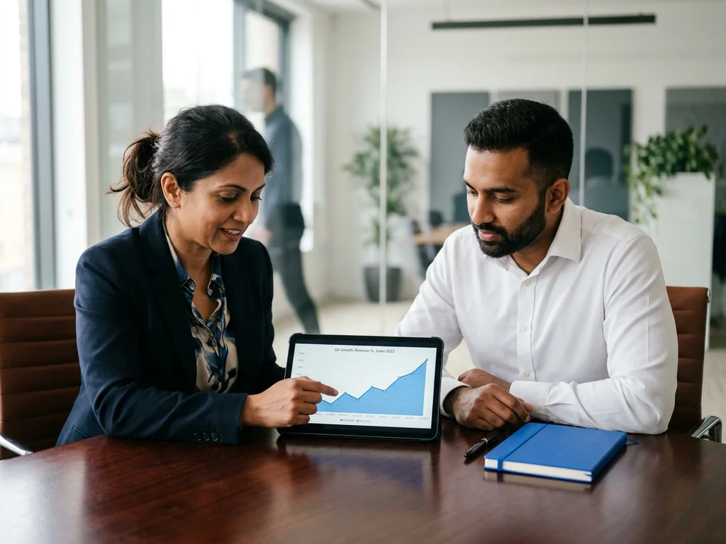 Consultant SEO analysant une courbe de croissance digitale avec un client pour optimiser sa visibilité.
