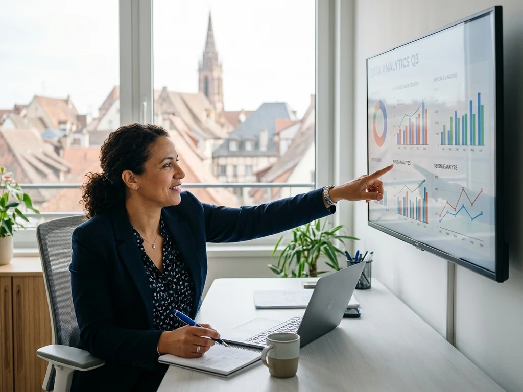 Experte en stratégie digitale analysant des graphiques devant les toits de Mulhouse pour la visibilité locale.